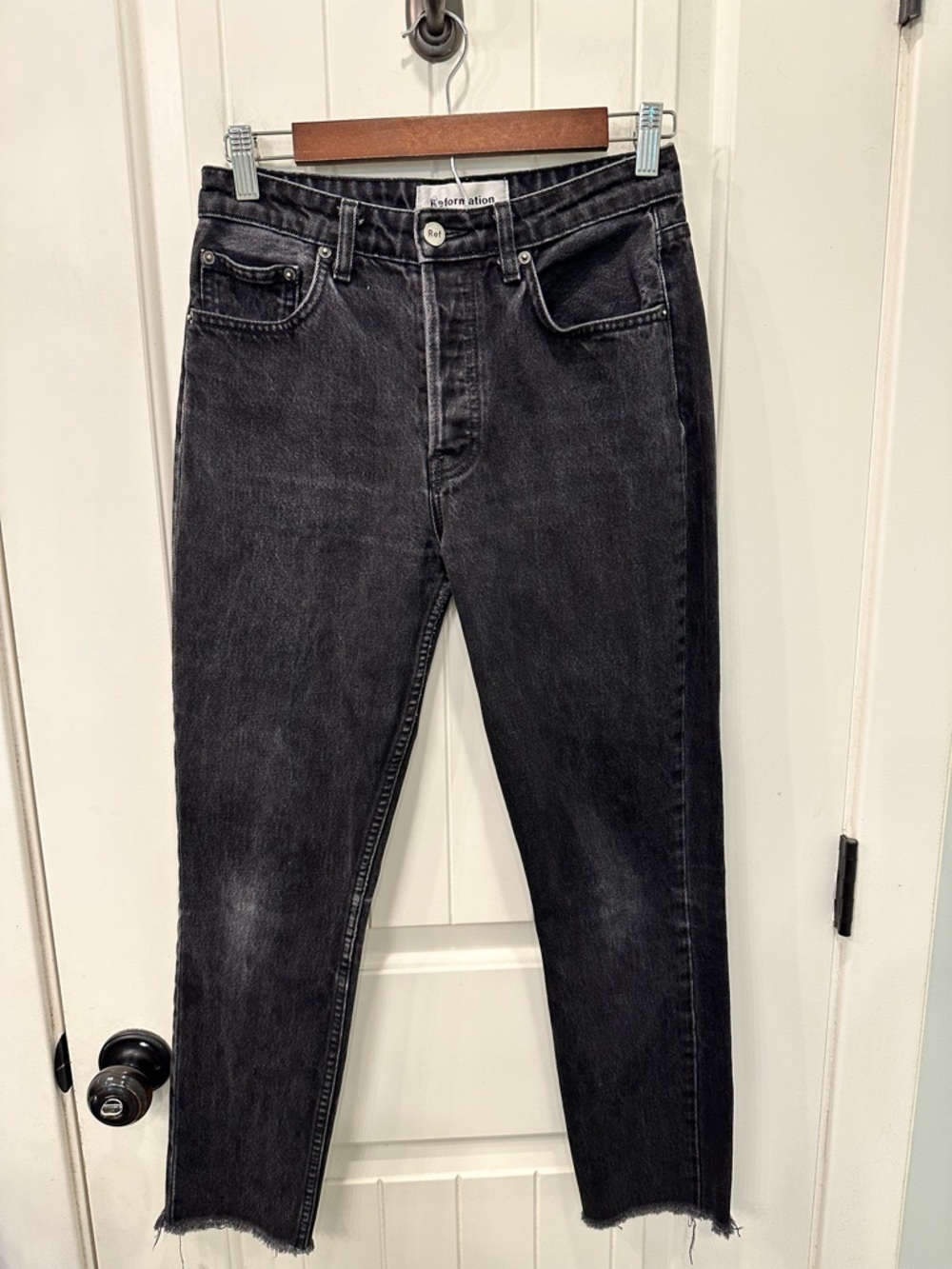 Reformation High Rise Straight Leg Raw Hem Black Jeans Size 26